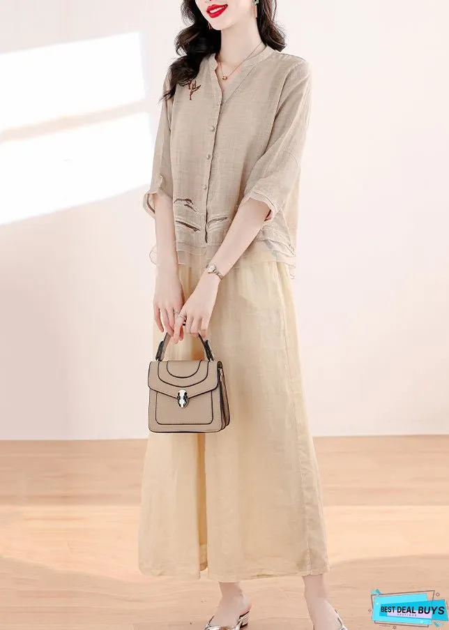 Vintage Khaki Embroidered Patchwork Linen Two Piece Set Outfits Summer
