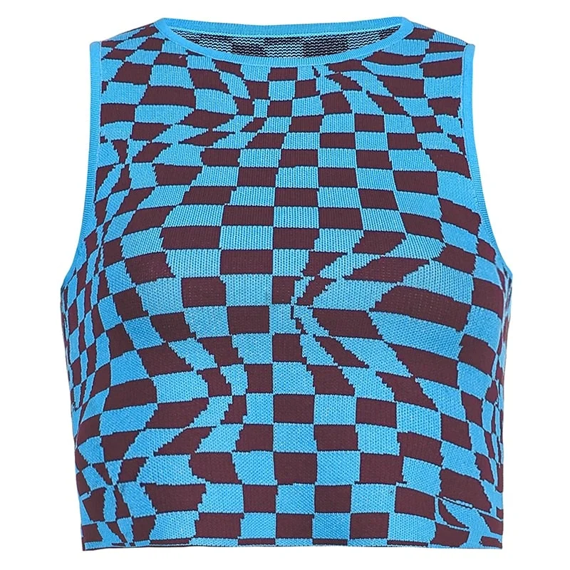 HEYounGIRL Plaid Knitted Crop Tank Tops Women Summer Vintage Sleeveless Cropped Top Tees Koreank Casual Knitwear Streetwear