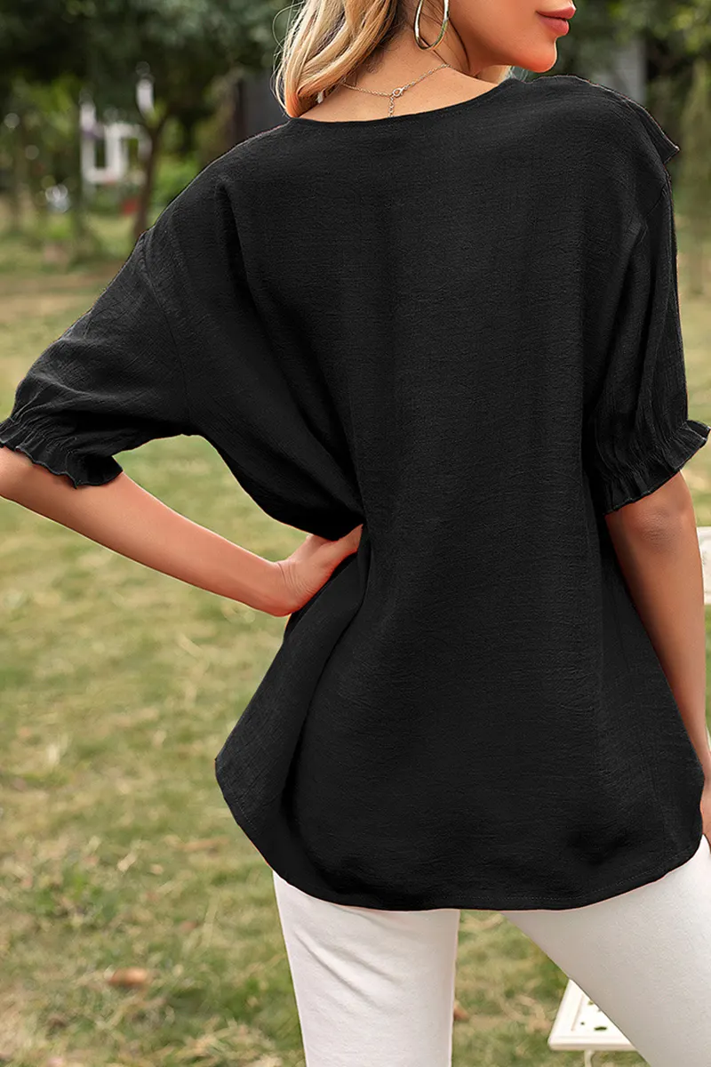 Elegant Solid Split Joint Flounce O Neck T-Shirts