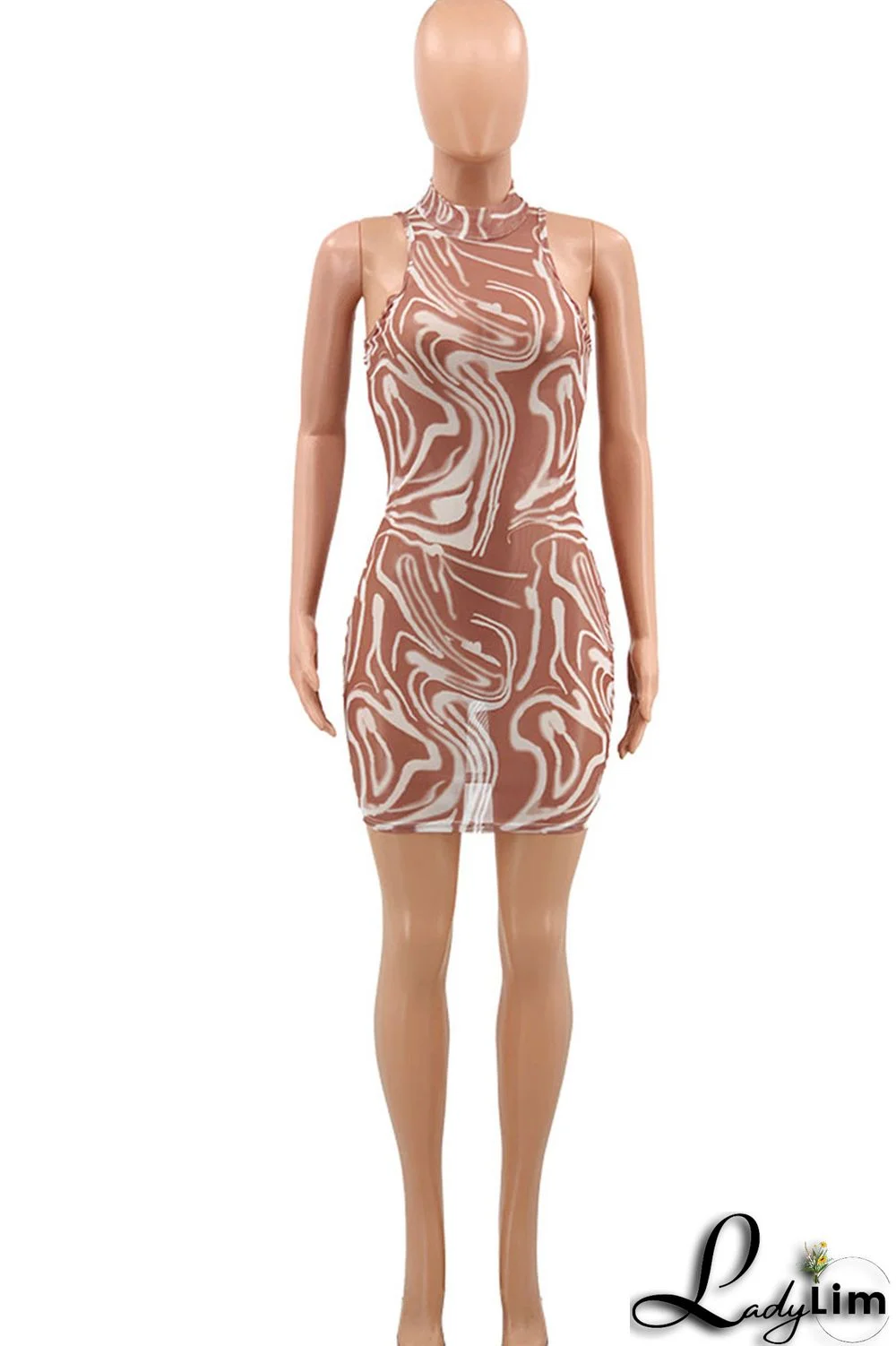 Sky Blue Sexy Print Patchwork Half A Turtleneck Pencil Skirt Dresses