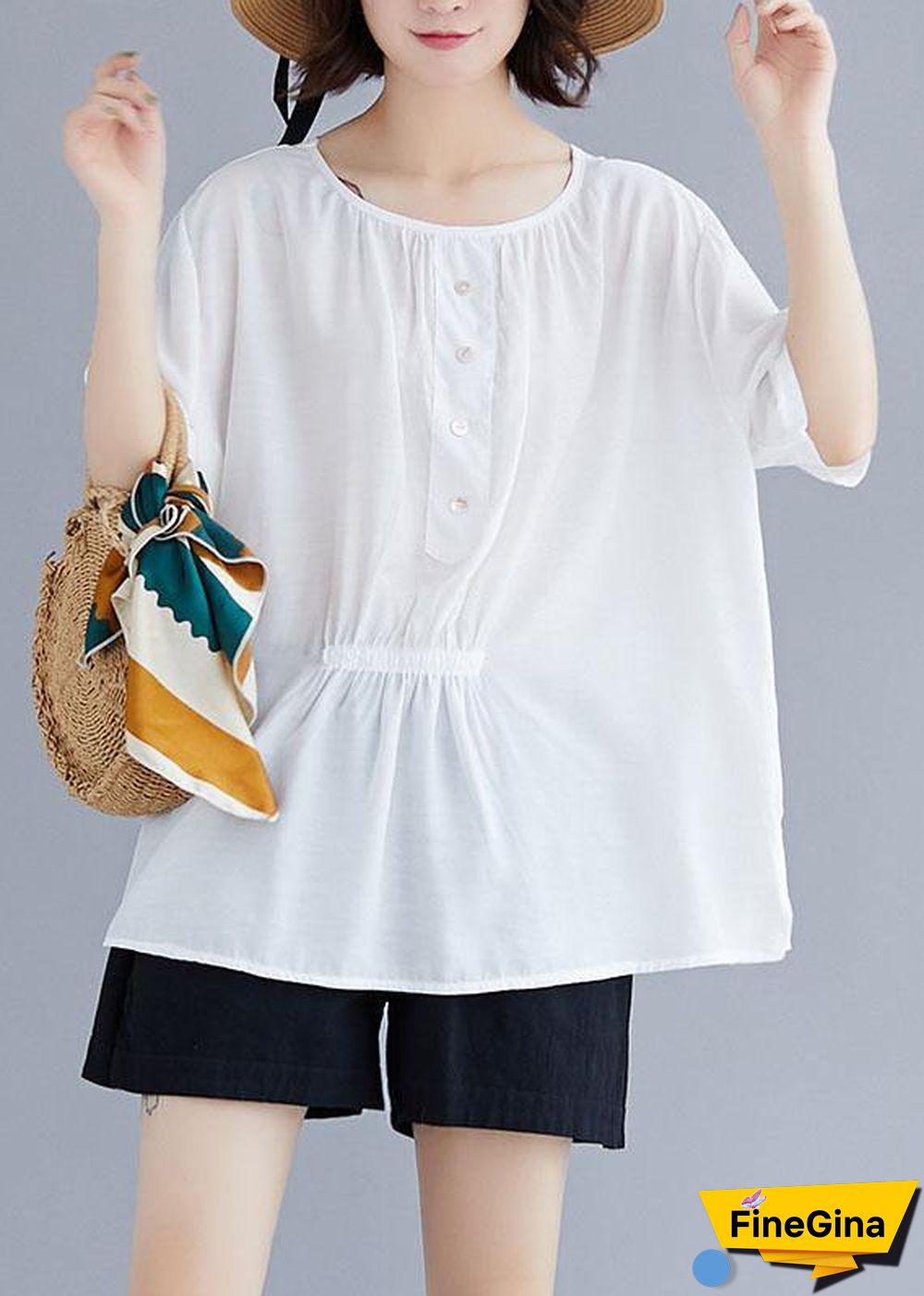 Natural white cotton Blouse o neck half sleeve loose summer top