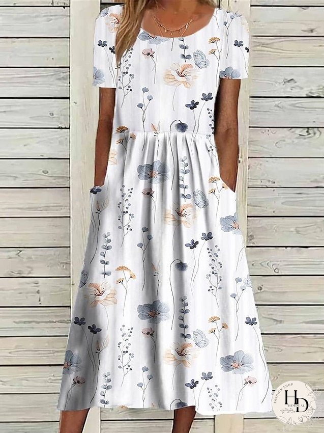 Casual Dress Summer Dress Print Dress Floral Pocket Print Crew Neck Midi Dress Fashion Streetwear Outdoor Daily Short Sleeve Loose Fit White Blue Dark Blue Summer Spring S M L XL XXL for Women
