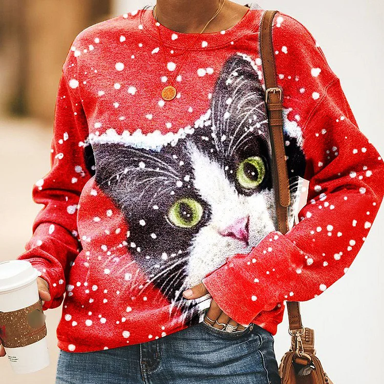 Vefave Christmas Cat Print Crew Neck Long Sleeve Sweatshirt
