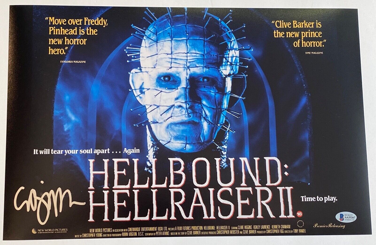 Clive Barker Signed Hellbound Hellraiser II 11x17 Movie Poster Photo Poster painting Beckett COA