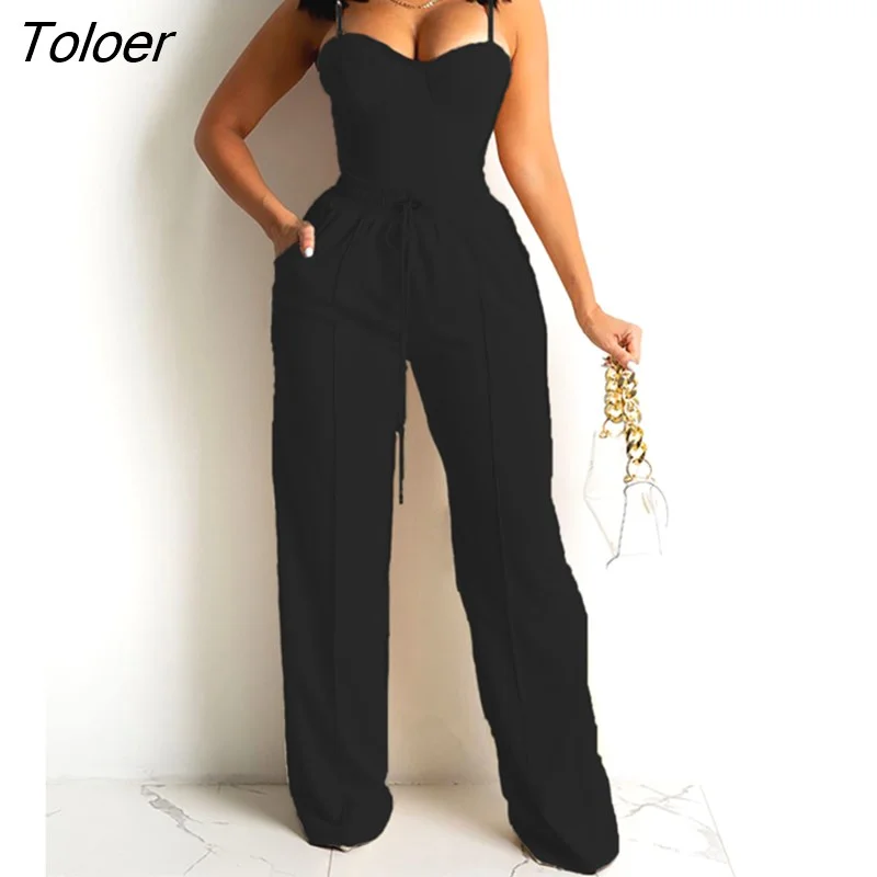 Toloer 2PCS Women Sexy Zipper Back Cami Top Wide Legs Contrast Pipping Long Pants Set Elegant Workwear Casual Two Piece Suits Ropa