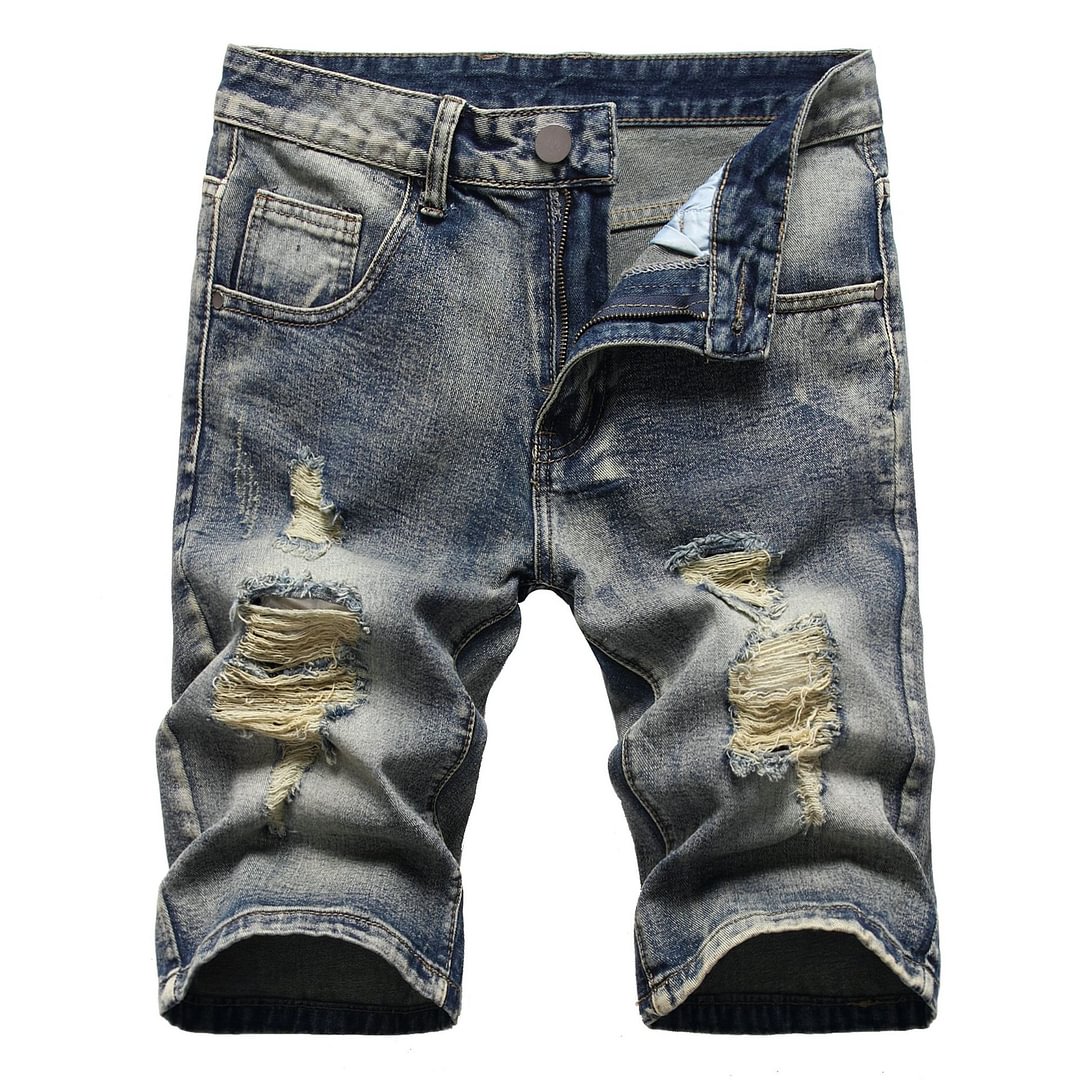 Men's summer ripped denim shorts light dark blue