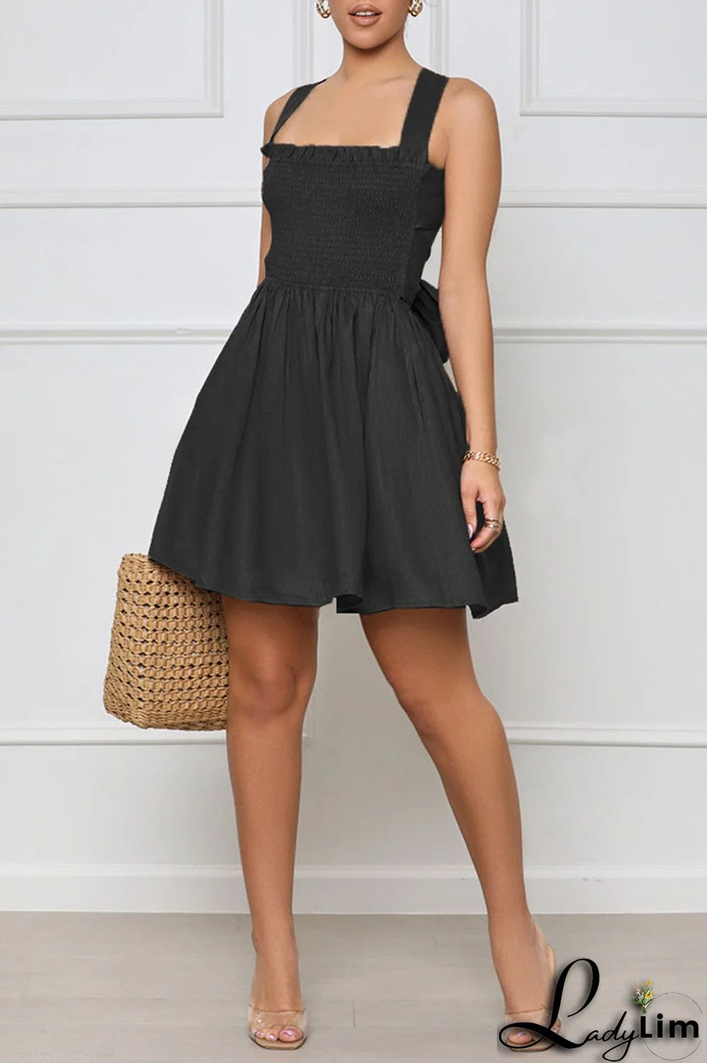 Brown Sexy Solid Bandage Patchwork Fold Spaghetti Strap A Line Dresses