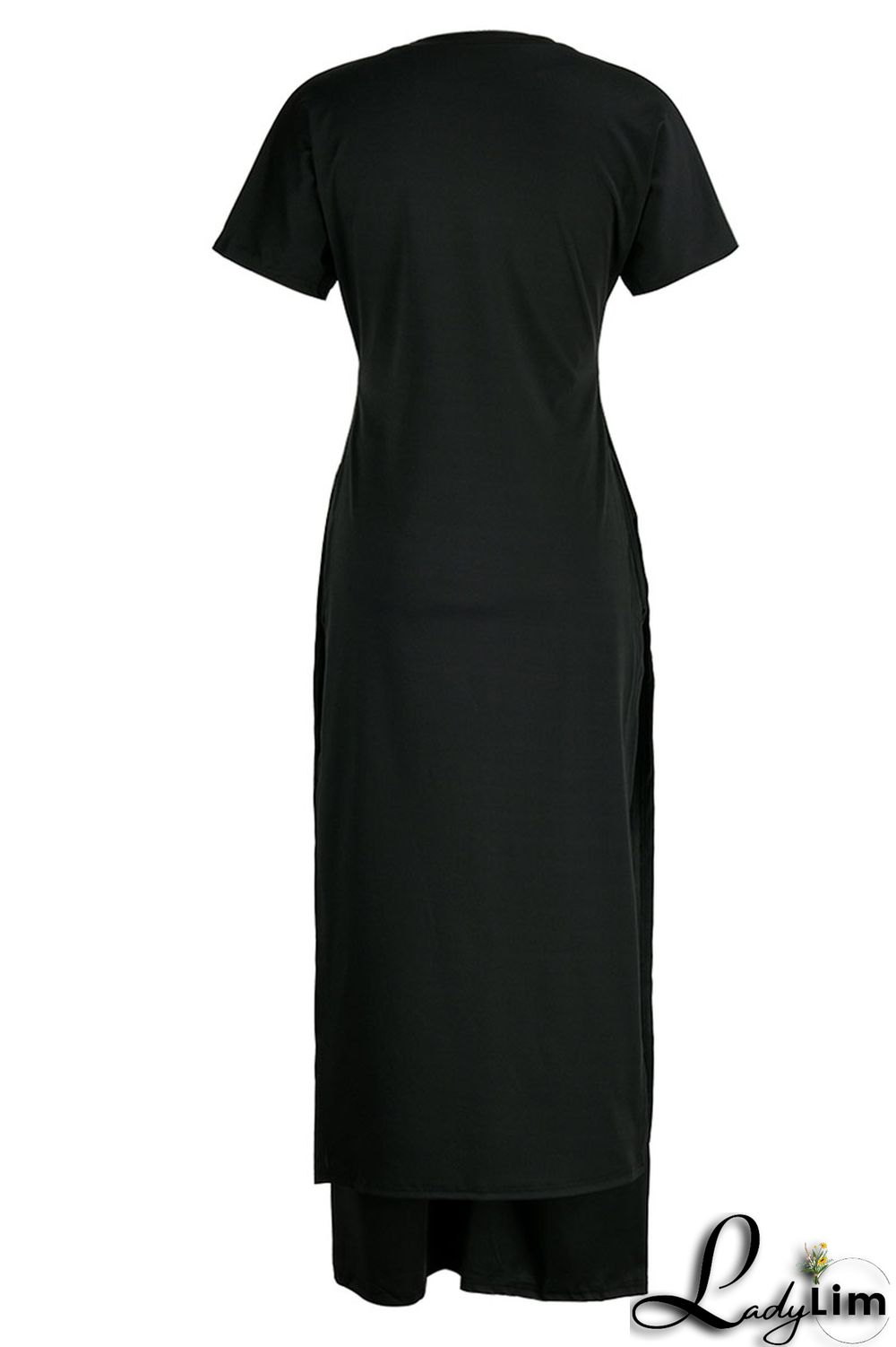 Black Casual Print Patchwork Slit O Neck Short Sleeve Two Pieces