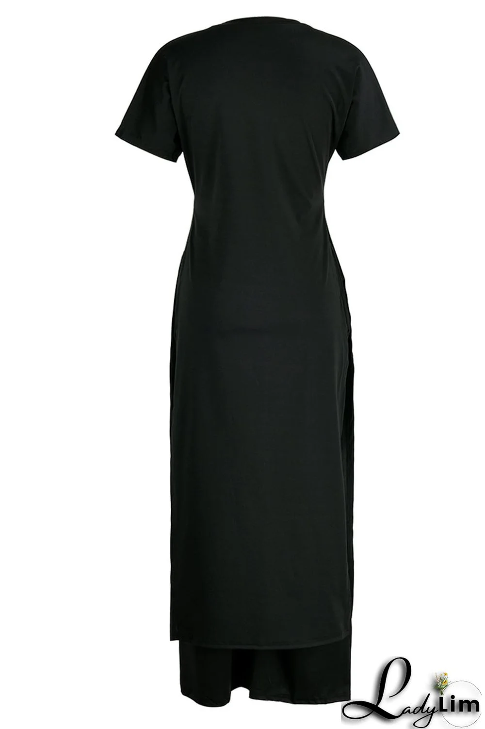 Black Casual Print Patchwork Slit O Neck Short Sleeve Two Pieces