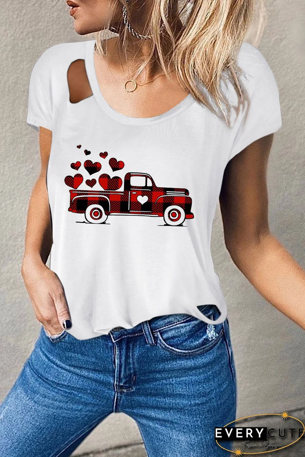 Valentine Buffalo Plaid Truck Print Cut out Tee