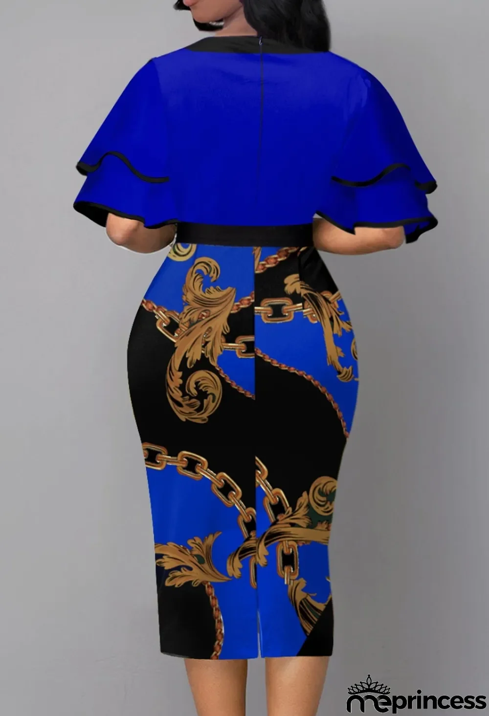 Women Summer Printed Formal Bow Short Sleeves Cascading Ruffle Midi Pencil Office Dress