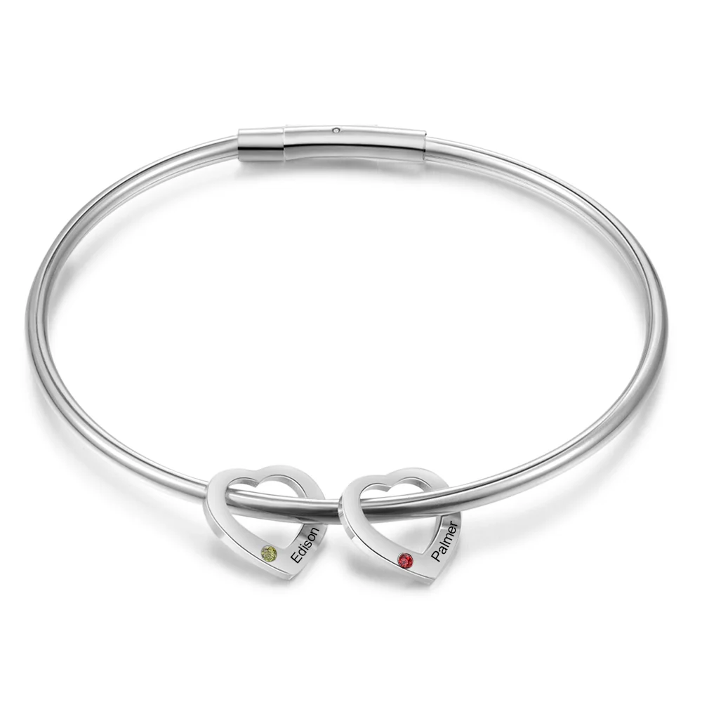 Personalized Heart Charm Bangle Bracelet with 2 Birthstones Engraved Names
