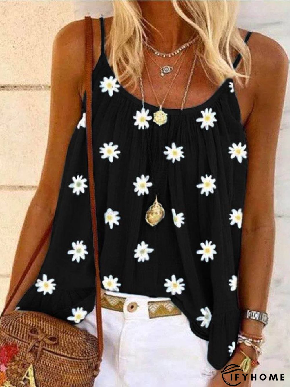 Sleeveless Floral-Print Casual Spaghetti T-shirt | IFYHOME
