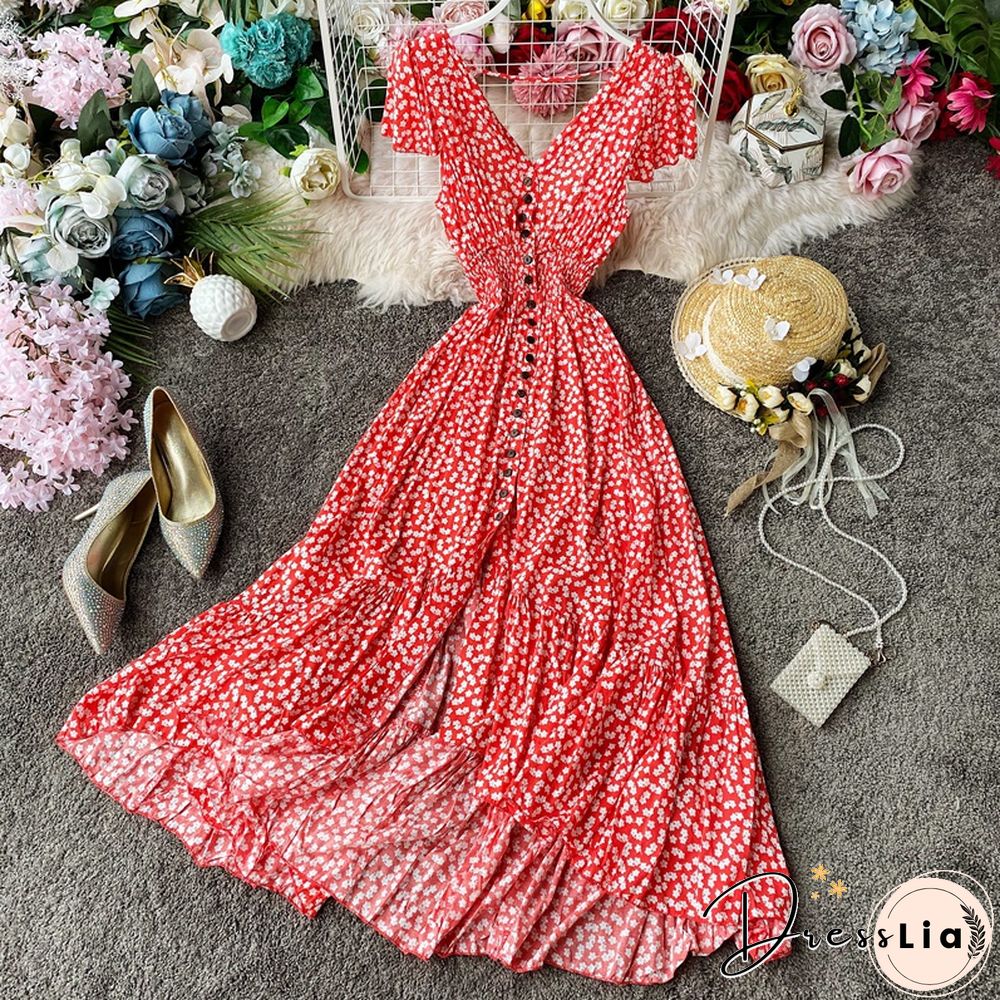 Summer Floral Maxi Dress Women Bohemian Irregular Cotton Backless Ruffle Long Dress Vintage Long Pleated Print Beach Sundress