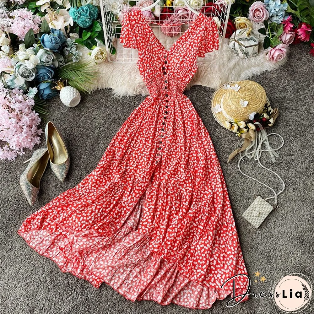 Summer Floral Maxi Dress Women Bohemian Irregular Cotton Backless Ruffle Long Dress Vintage Long Pleated Print Beach Sundress