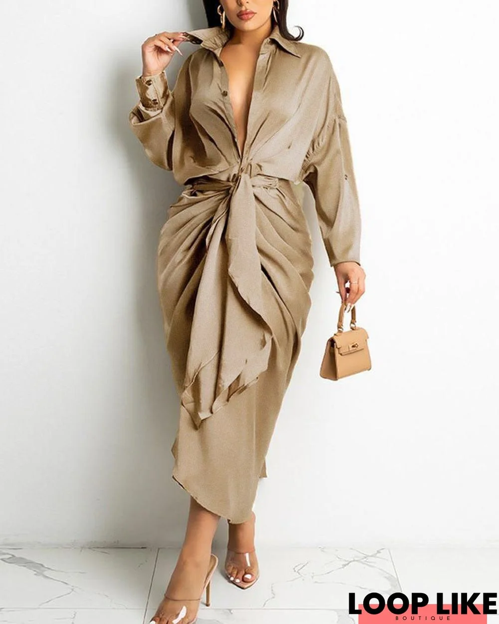 Long Sleeve Knot Front Draped Detail Shirt Dress