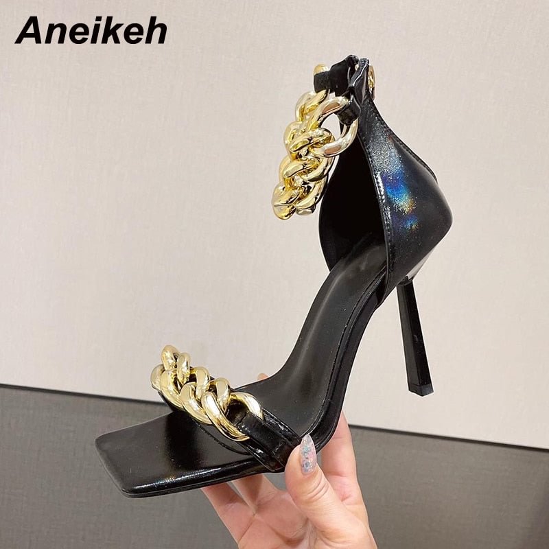 Aneikeh Summer Women Shoes 2021 Patent Leather Party Metal Decoration PU Ankle-Wrap Fashion Sandalias Leopard Shallow ZIP Solid