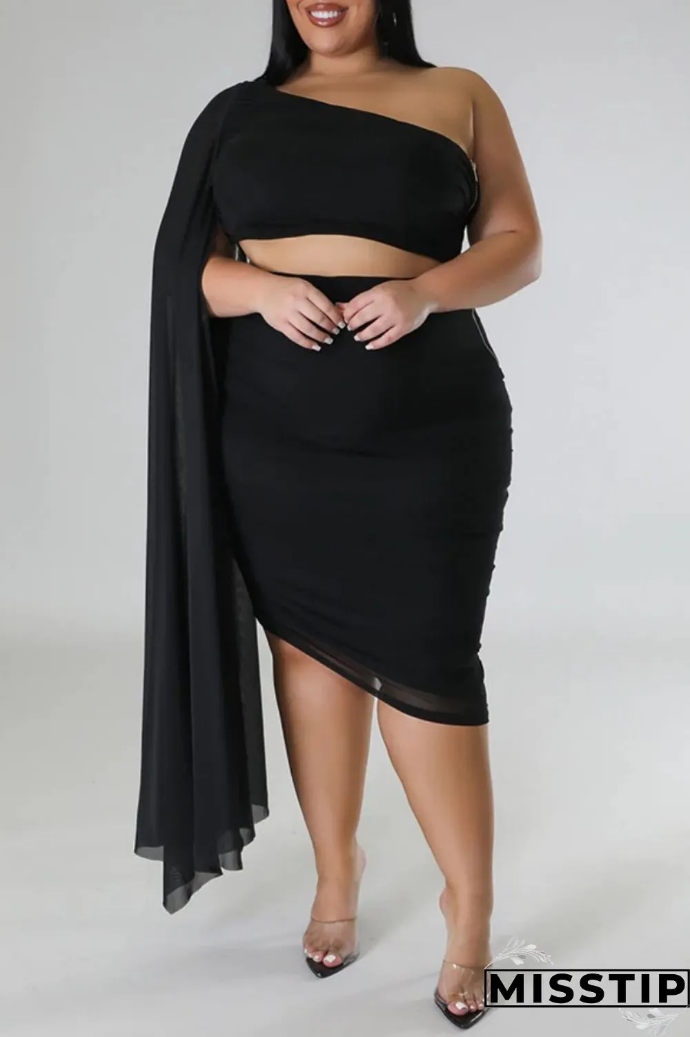 Blue Sexy Solid Patchwork Backless Oblique Collar Plus Size Two Pieces