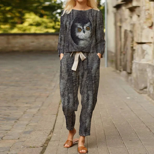 Women's Owl Printed Top Tie Trousers Suit-Pdcoco