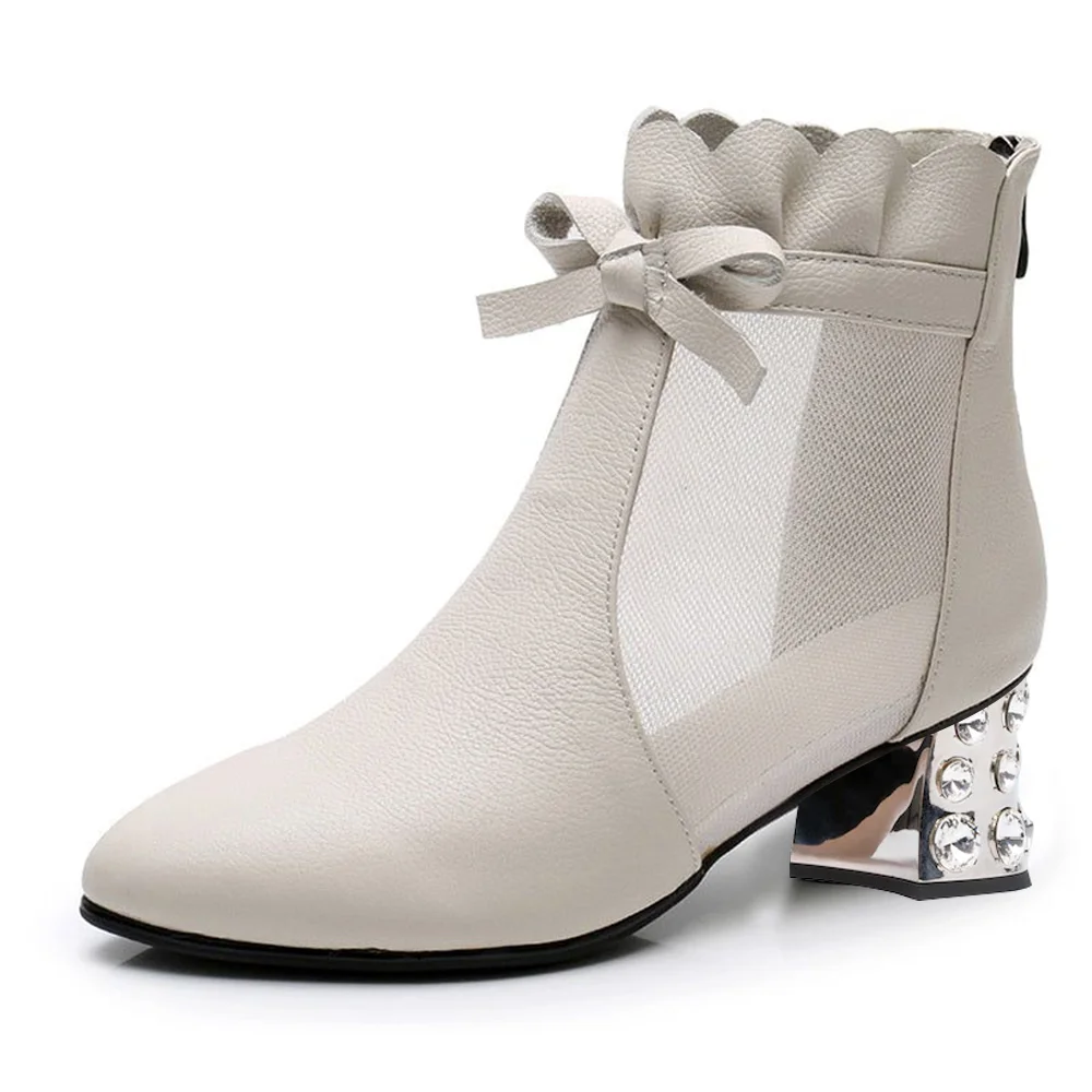 White  & Mesh Mixed Closed Pointed Toe Bow Ankle Boots With Decorative Heels Nicepairs
