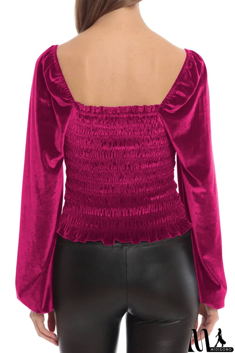 MidiSono - Smocked Square Neck Long Sleeve Blouse