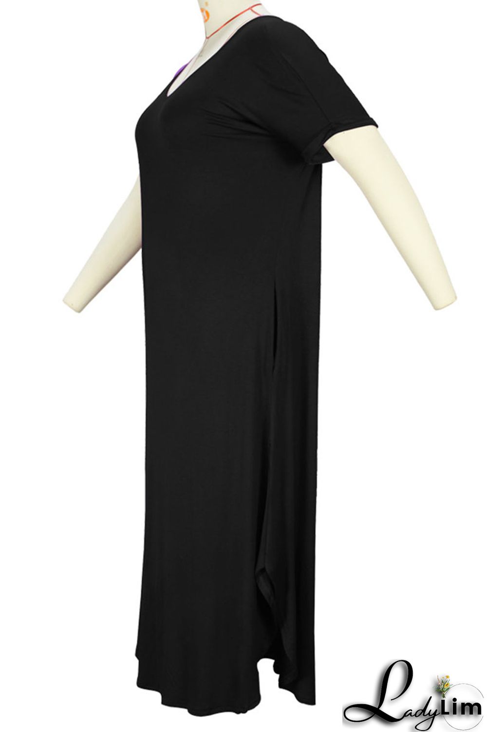 Blue Casual Solid Patchwork Slit V Neck T-shirt Dress Plus Size Dresses