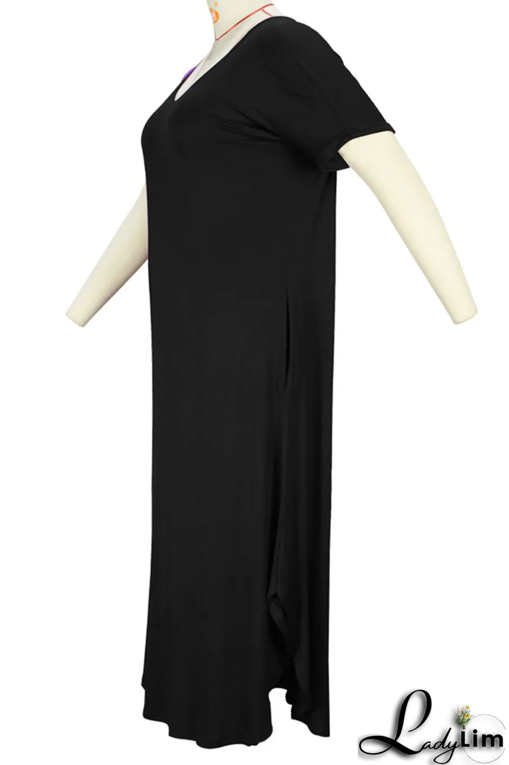 Blue Casual Solid Patchwork Slit V Neck T-shirt Dress Plus Size Dresses