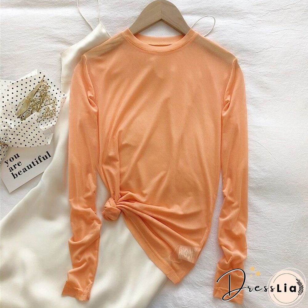 Oumea Women Beach Cover-Up Sheer Mesh Top Beach Wear Hawaiian Mesh Shirt Long Sleeve Casual Candy Color Solid Sweet Mesh Top