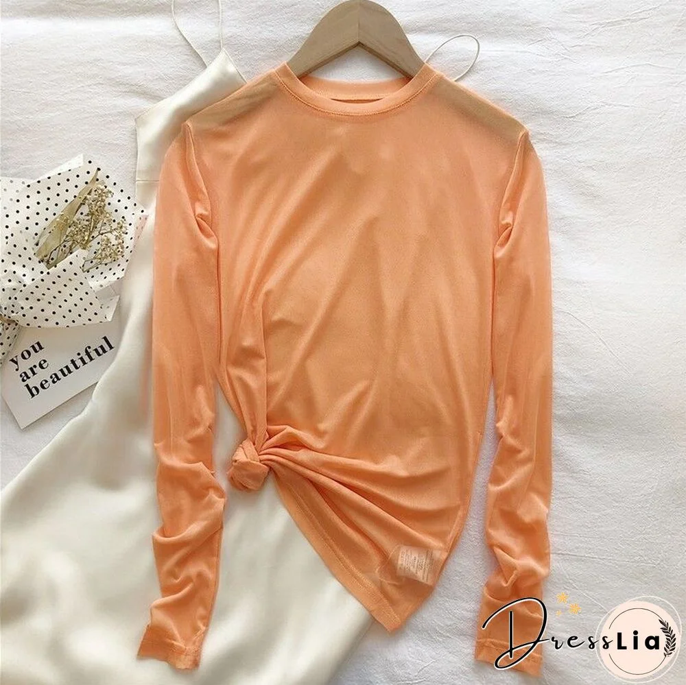 Oumea Women Beach Cover-Up Sheer Mesh Top Beach Wear Hawaiian Mesh Shirt Long Sleeve Casual Candy Color Solid Sweet Mesh Top