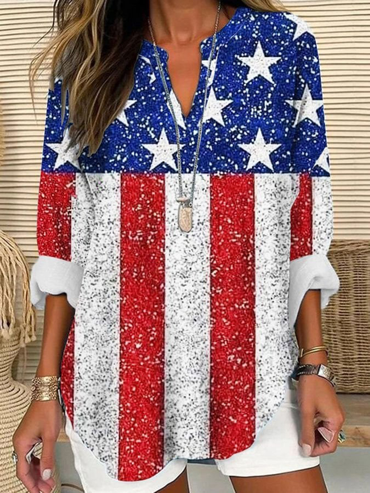 Comstylish American Flag Printed V-Neck Loose Blouse