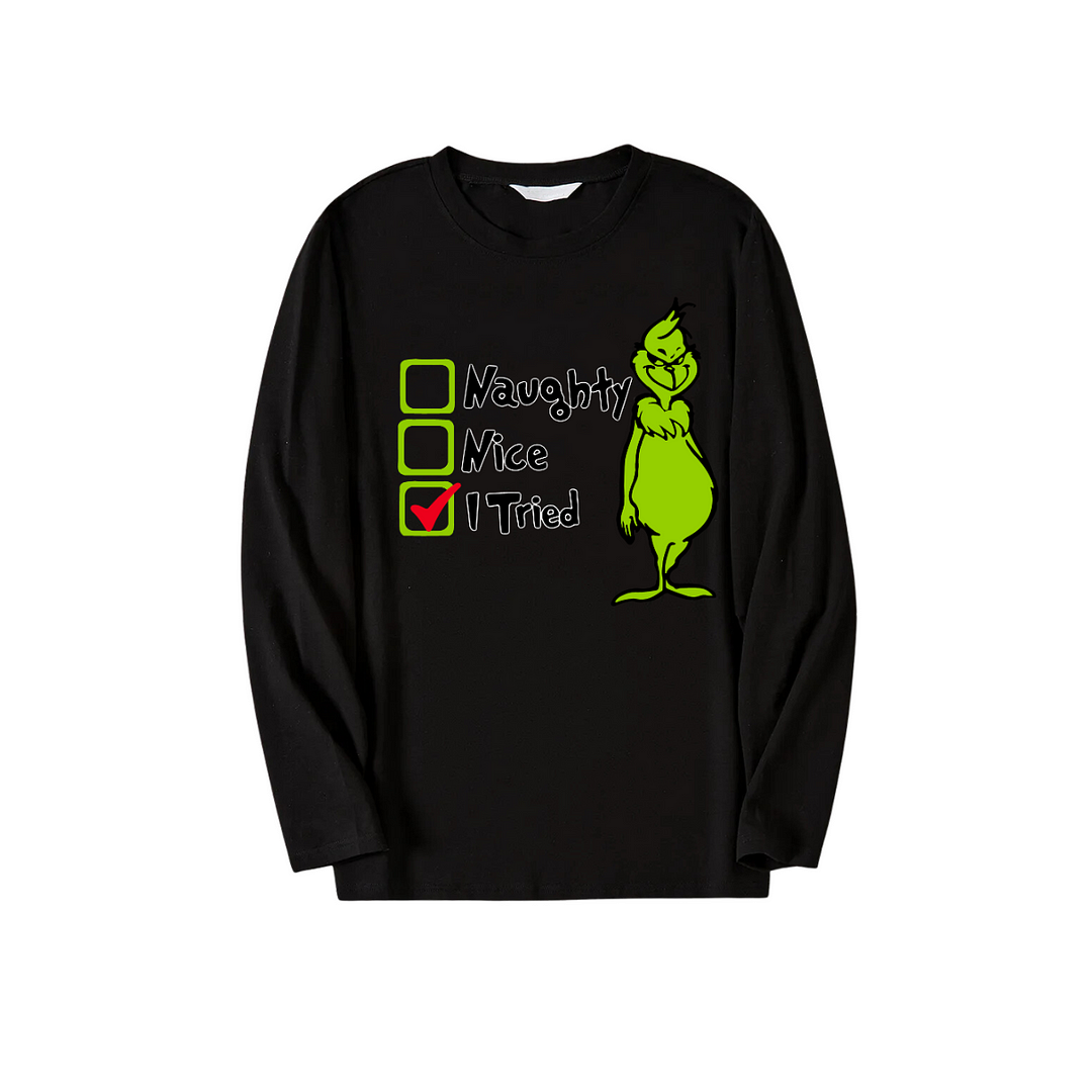 Christmas Cartoon Pattern and Text Print Black Long Sleeve Top with Green and Black Plaid Family Matching Pajamas