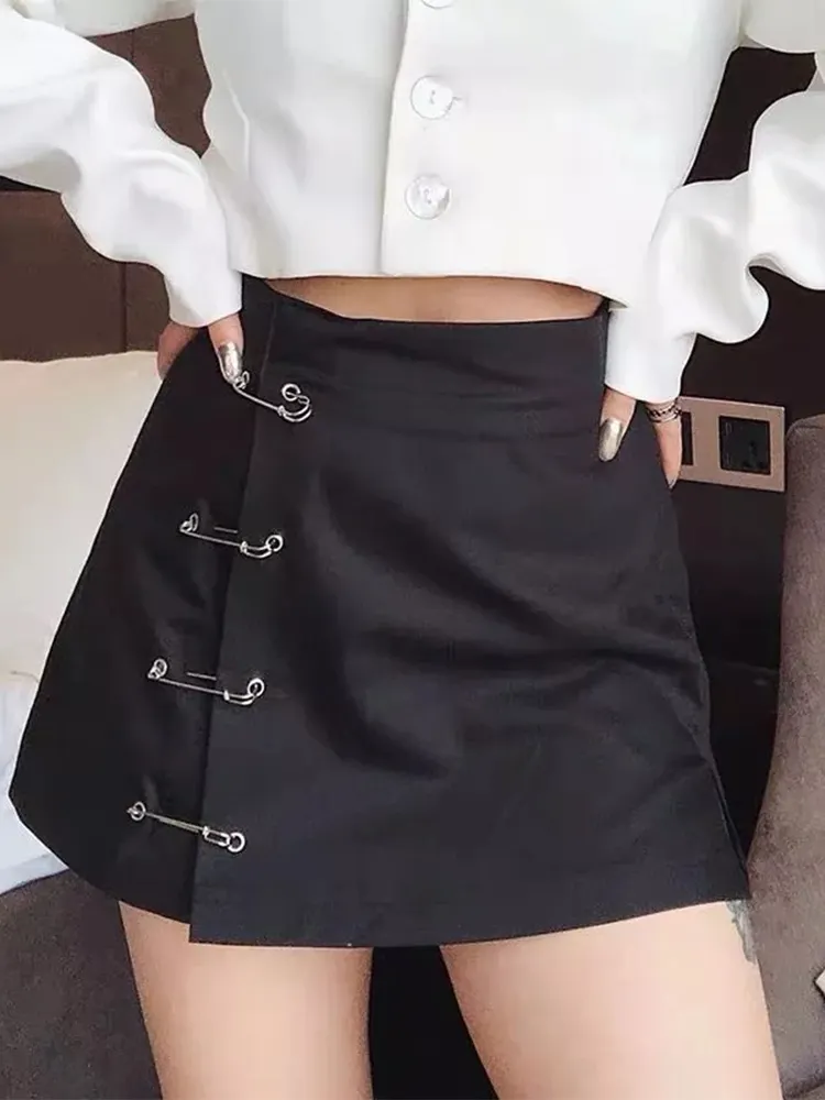 Streetwear Mini Skirt Women Side split brooch High Waist Side Zipper Short Skirt Sexy Female A-Line Slim Hip Camo Skirts 
