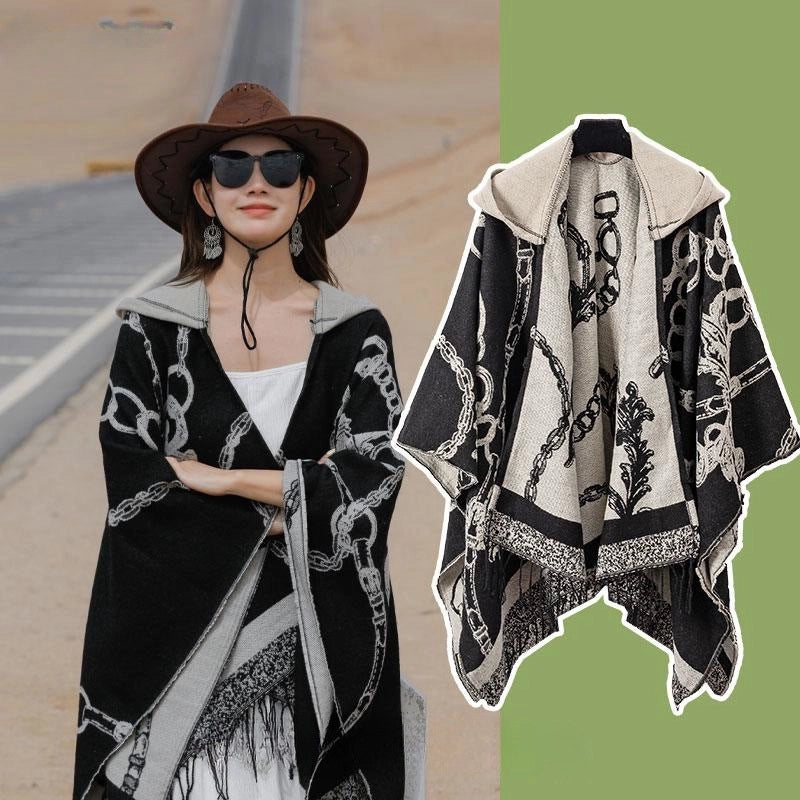 Ethnic Style Hooded Cape Women’s Yunnan Tibet Western Sichuan Grassland Bohemia Travel Wear Scarf Coat