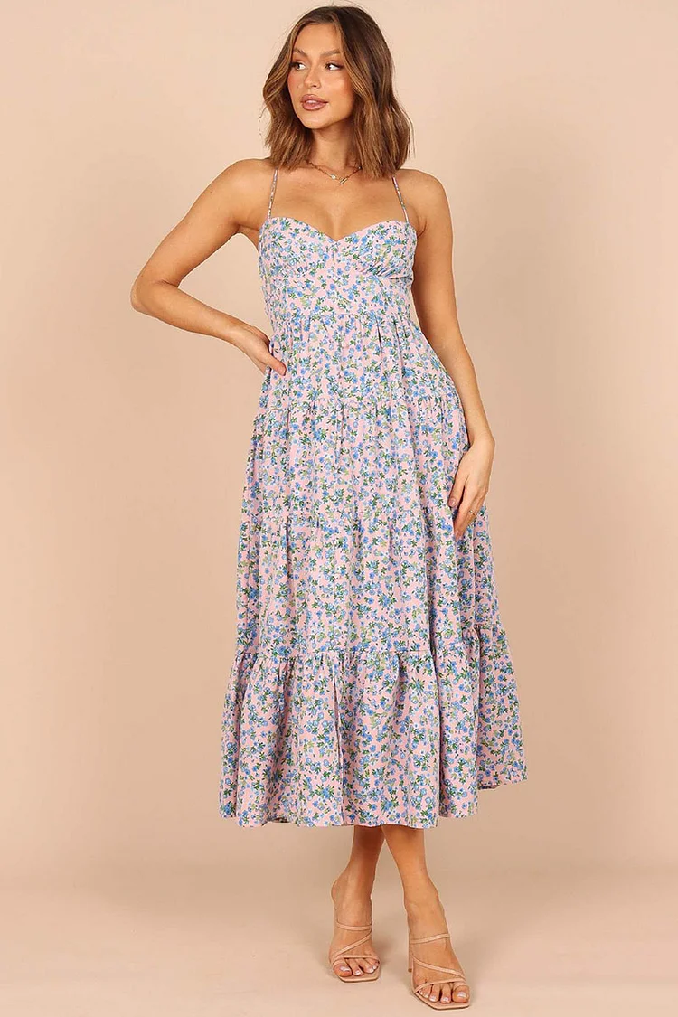 Ditsy Floral Print  Lace-Up Tiered Vacation Midi Dresses