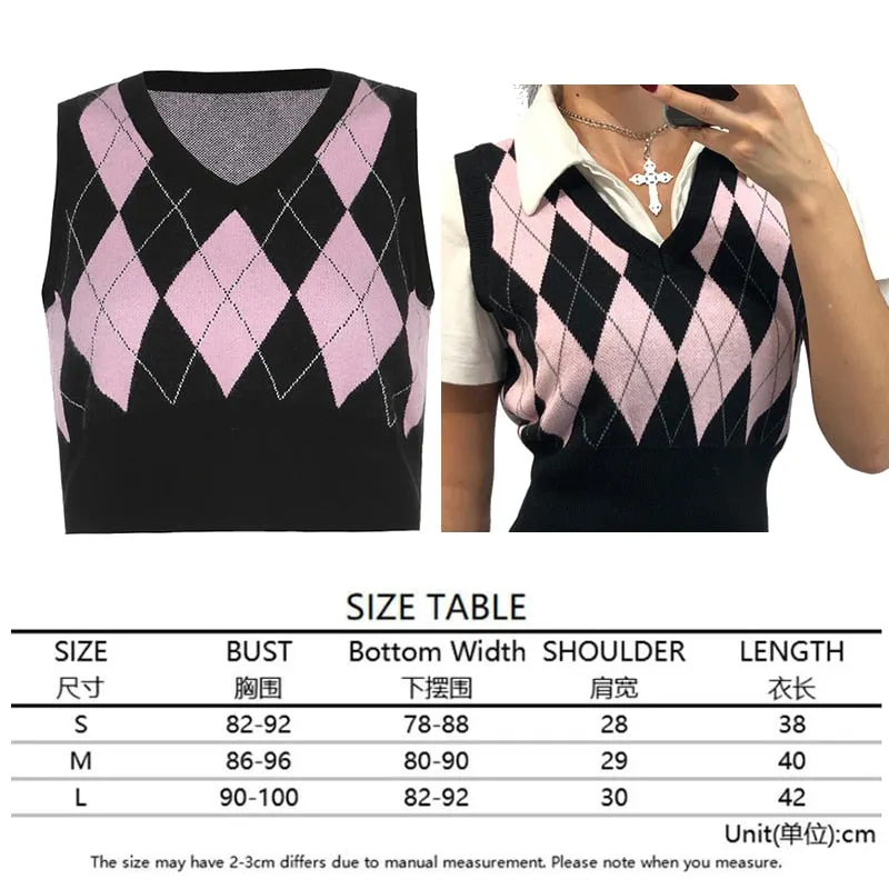 Argyle Sweater Vest Women  Black Sleeveless Plaid Knitted Crop Sweaters Casual Autumn Preppy Style 2020 tops V Neck Vintage
