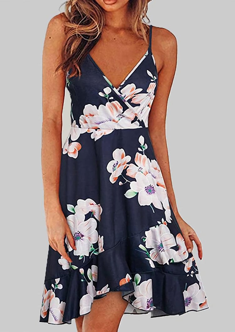 Floral Wrap V-Neck Spaghetti Strap Mini Dress - Deep Blue