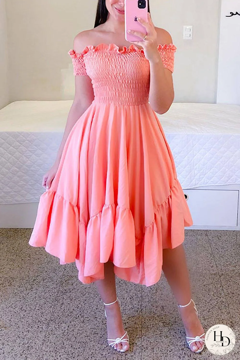 Shirred Bodice Off Shoulder Flap Asymmetric Dress