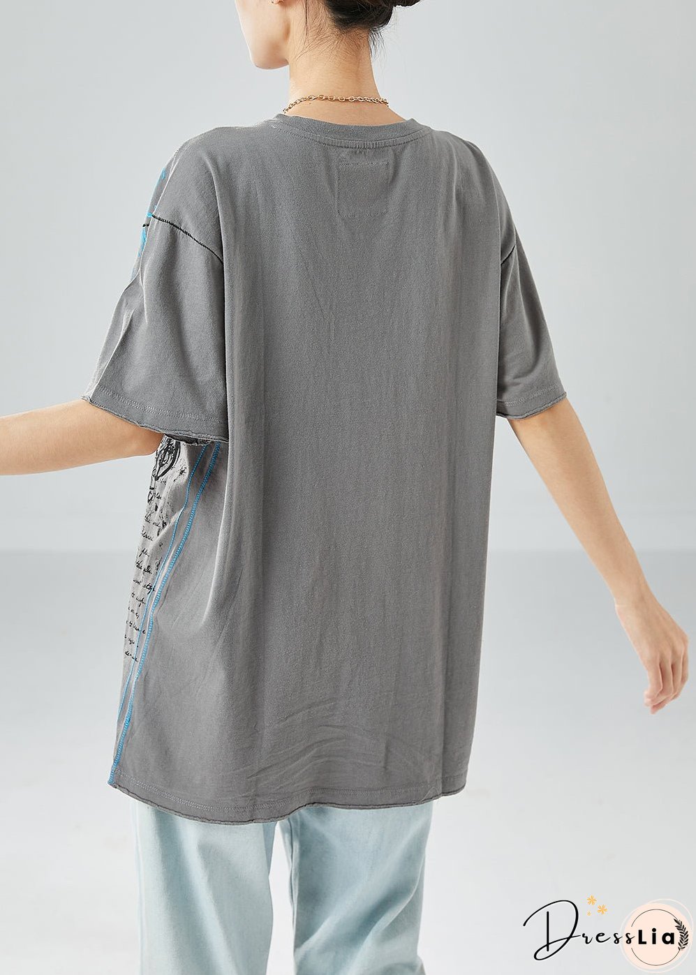 Plus Size Grey V Neck Print Cotton Tanks Summer