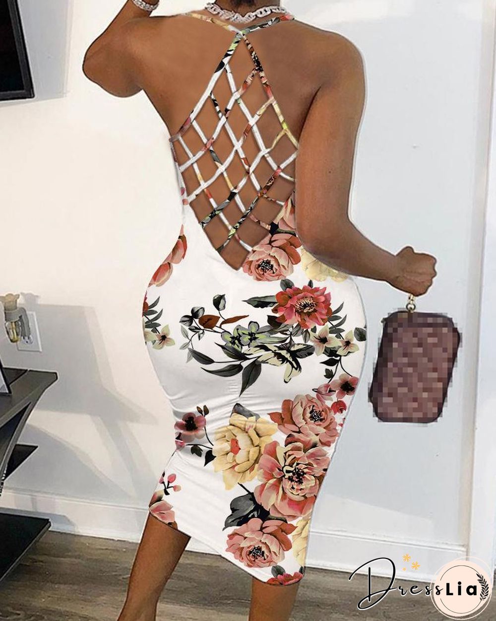Floral Print Cross Fishnet Backless Sleeveless Bodycon Dress