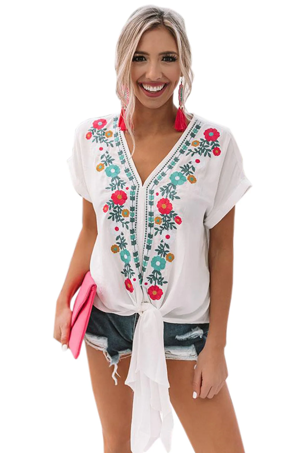 White Embroidered Tie Top