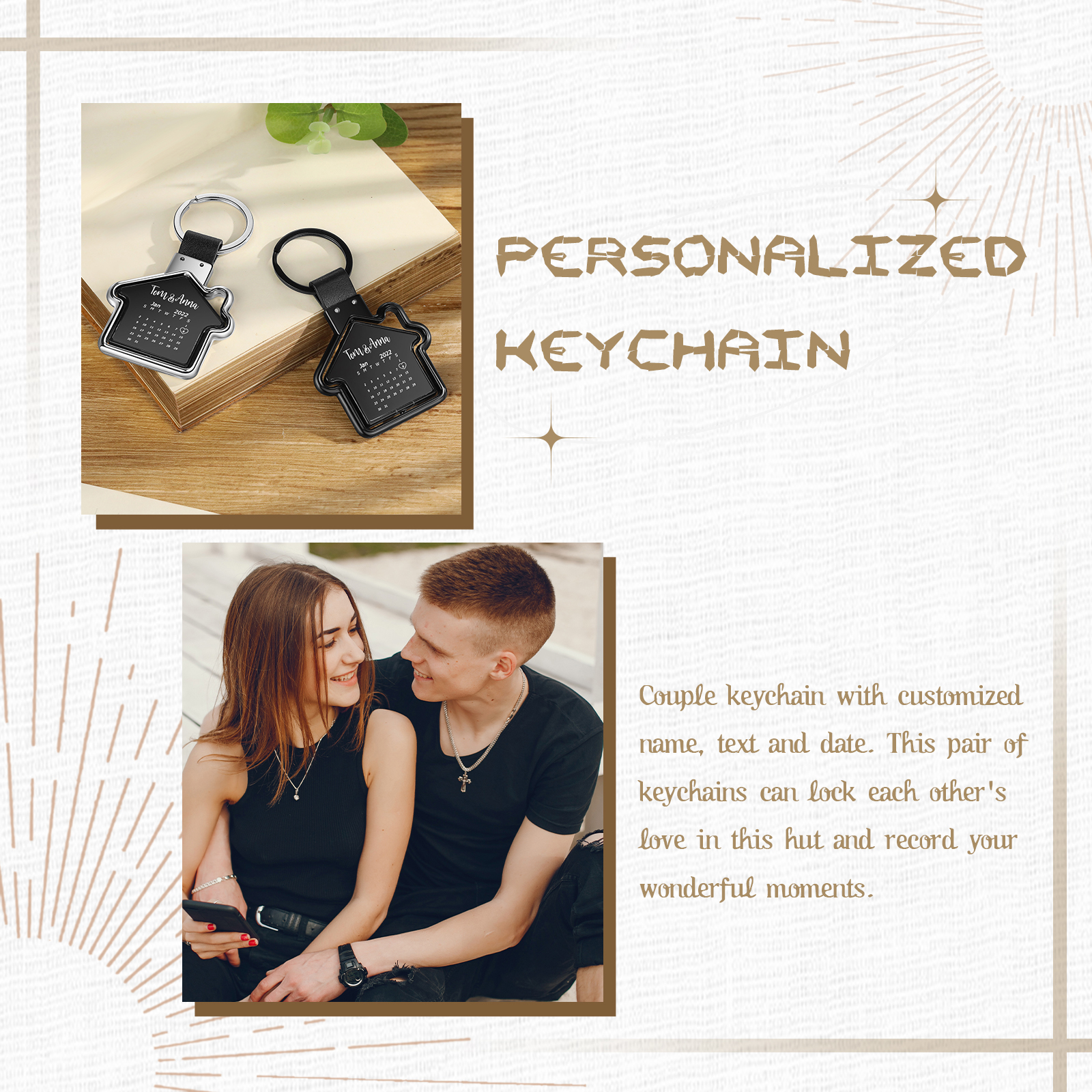 2 PCS Couple Keychain Set Custom 4 Names & 2 Dates Keyring Calendar Keychain Valentine's Day Special Gift for Him/Her-Jessemade AU