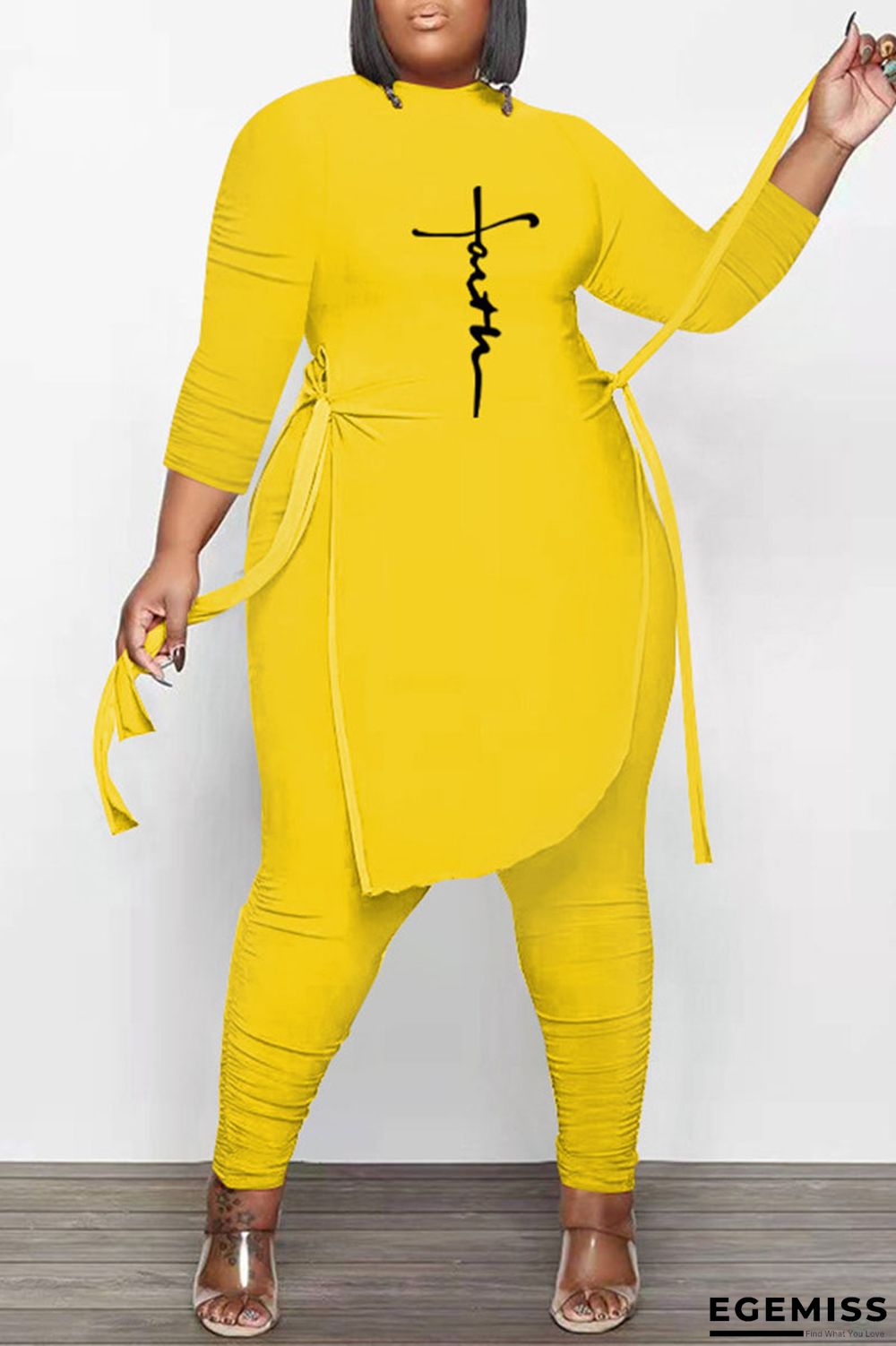 Yellow Casual Print Bandage Patchwork O Neck Plus Size Two Pieces | EGEMISS
