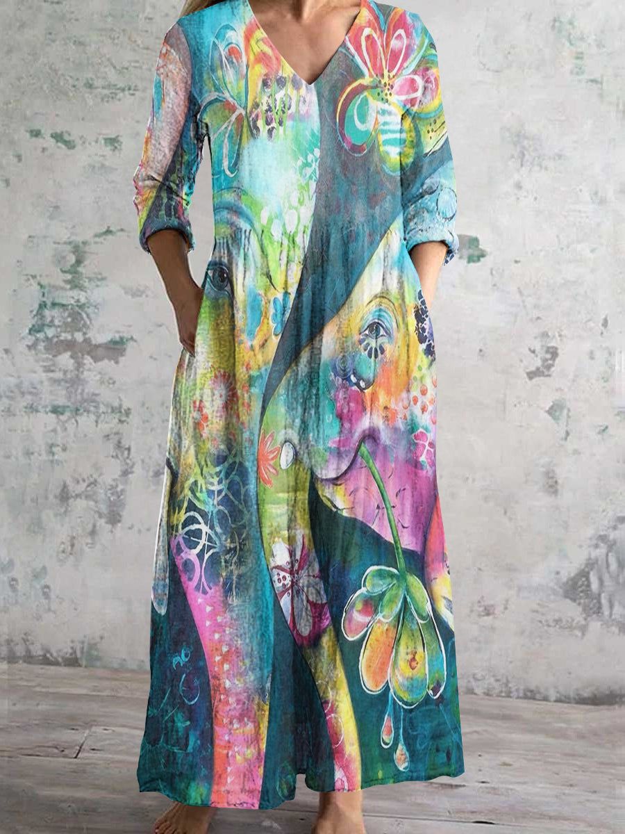 Women's V Neck Elephant Abstract Art Cotton and Linen Pocket Dress