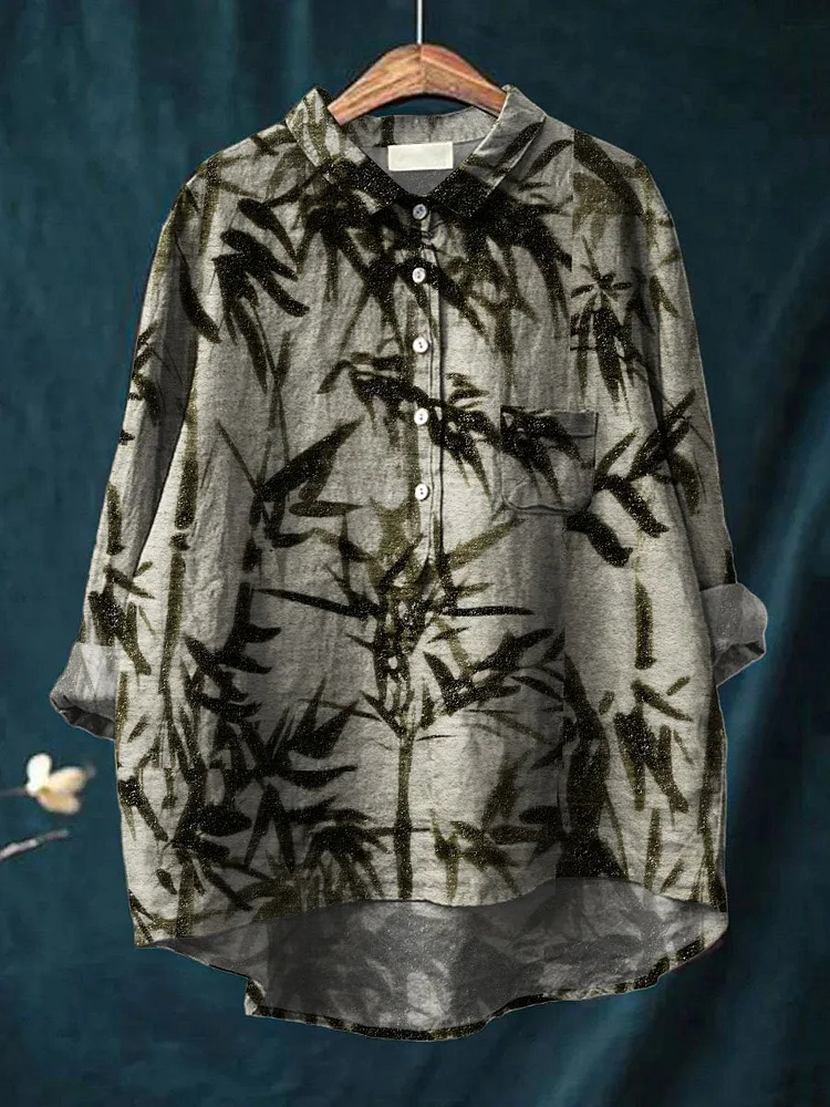Womens Vintage Bamboos Art Print Casual Cotton And Linen Shirt