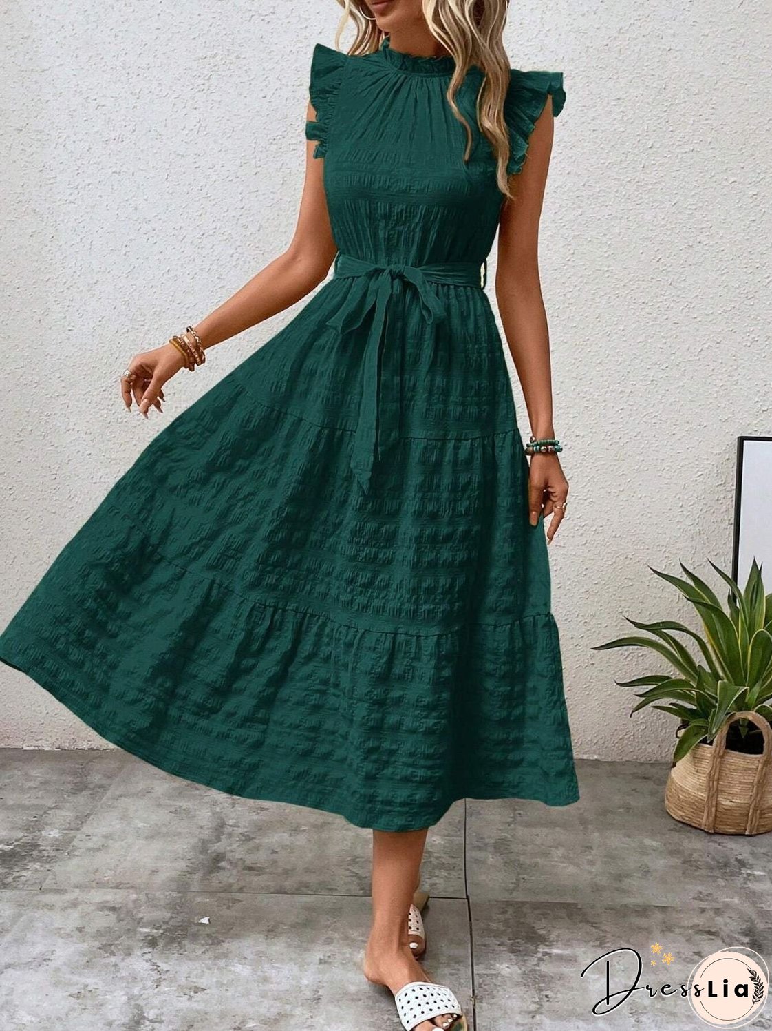 Tied Ruffled Cap Sleeve Midi Dress