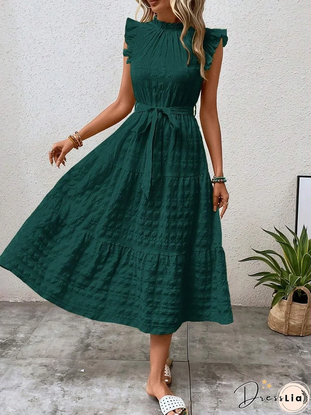 Tied Ruffled Cap Sleeve Midi Dress