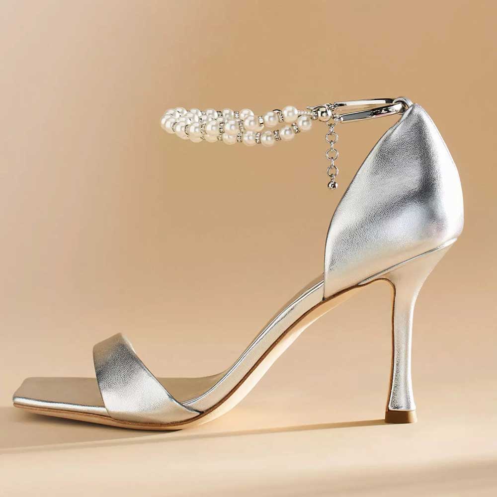 Silver Vegan Leather Open Toe Pearl Ankle Strap High Heels Sandals Nicepairs