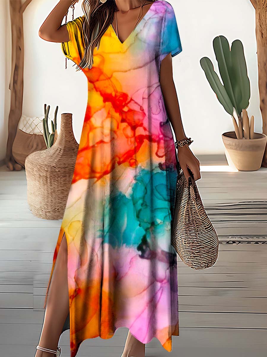 Women's Artistic Watercolor Splash Pattern V-neck Resort Style Dress