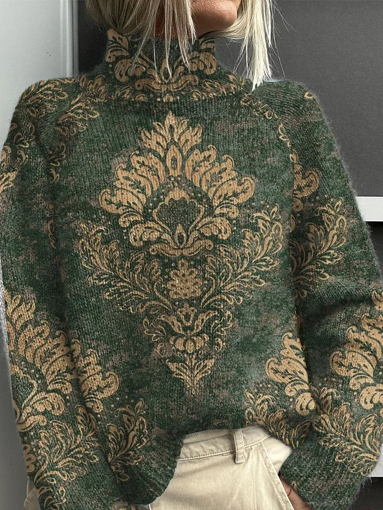 Flowers Art Print Knit Turtleneck Pullover Sweater