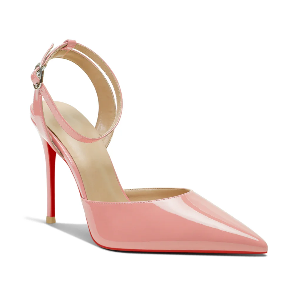 100mm Women's Slingback Ankle Buckle Pointed Toe Red Bottom Wedding Party High Heels-MERUMOTE